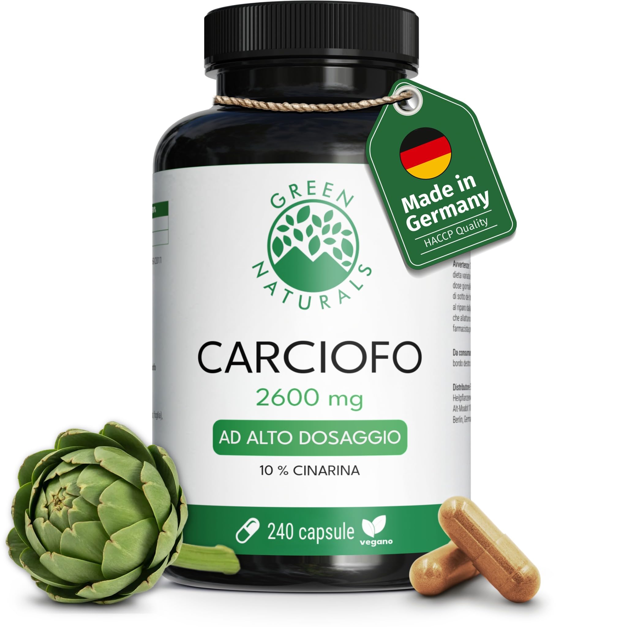 Green Naturals® Estratto di carciofo - 2600 mg al giorno (di cui 260 mg di cinarina) - Estratto potente 40:1 (equivalente a 104.000 mg di carciofo fresco) - 240 capsule