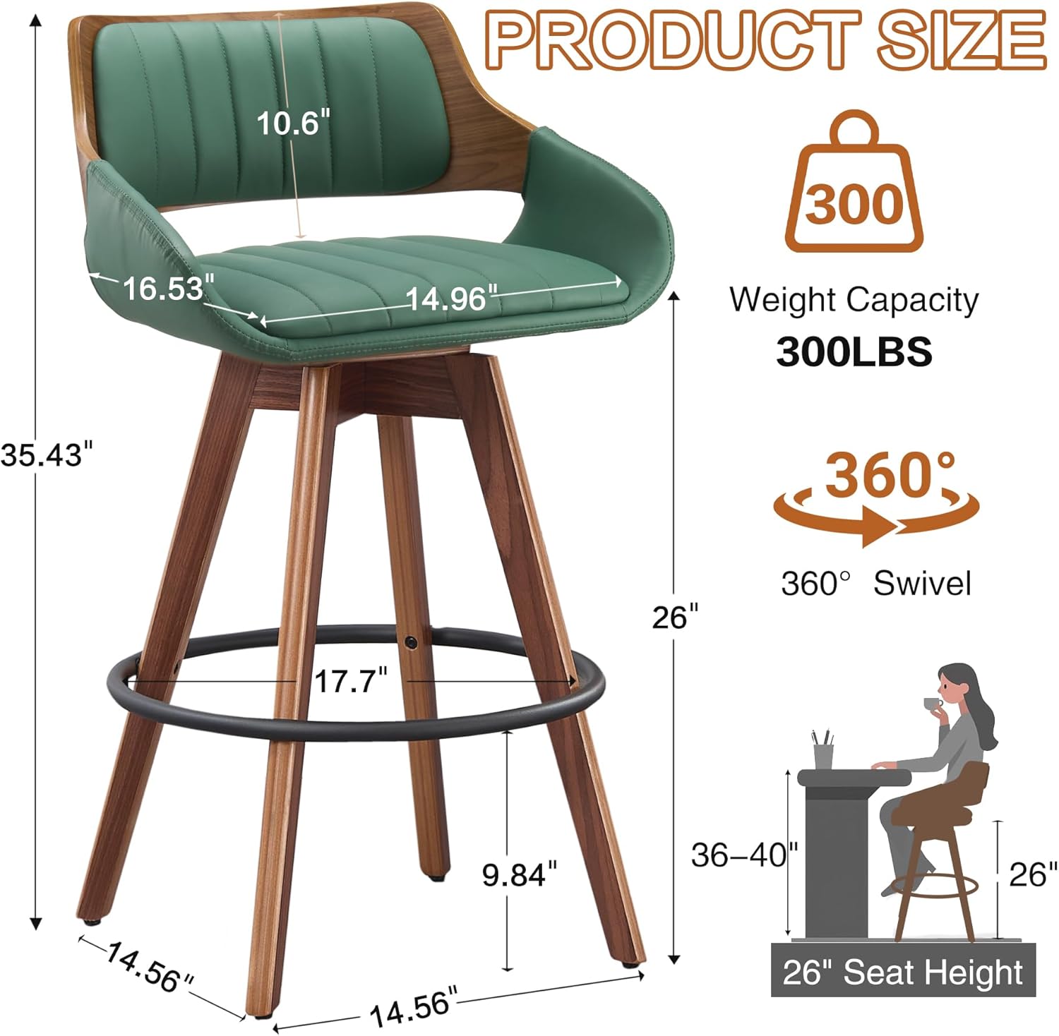 VipDesk 26" Bar Stools Set of 2, PU Leather Counter Height Bar Chairs with Back, Modern Mid-Century Swivel Barstools for Kitchen Island, Dining Room, Home Bar and Lounge, Green