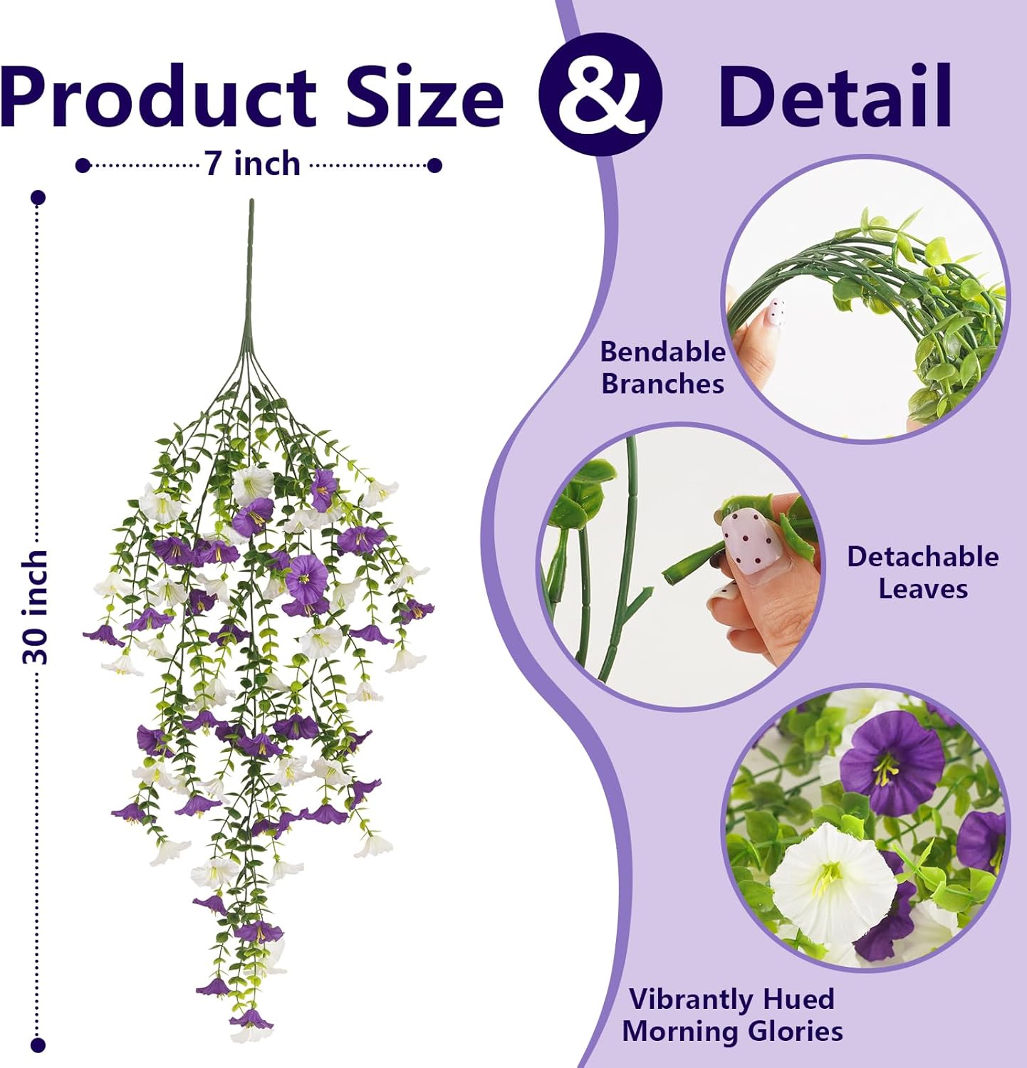 6 Bundles Artificial Hanging Flowers for Outdoors, UV Resistant Fake Morning Glory Eucalyptus, Realistic Silk Petunias Spring Plants Decor for Garden, Porch, Patio, Yard, Balcony, Fence, Home, Indoor