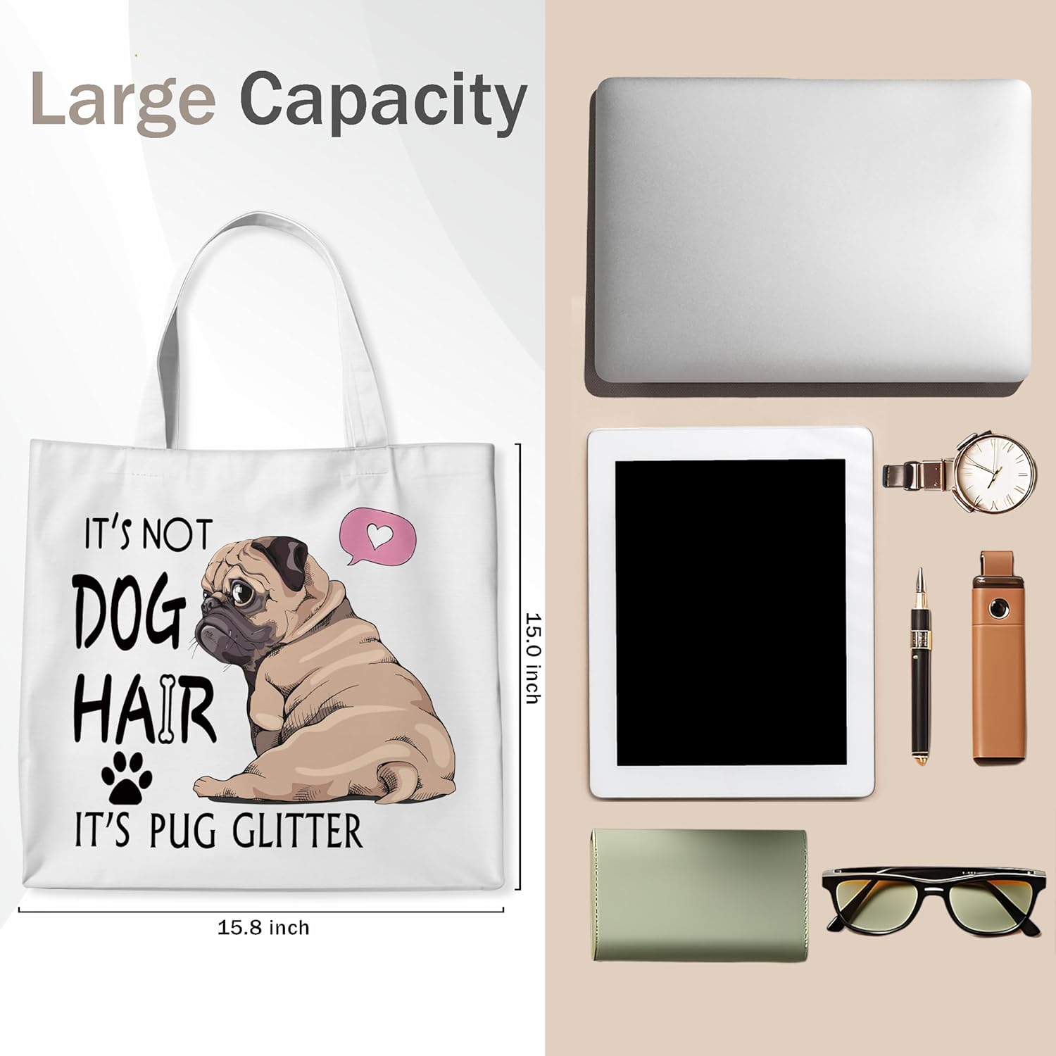 Pug Gifts Canvas Tote Bag for Dog Lovers Owner Mom Women, It's Not Dog Hair It's Pug Glitter Grocery Bag, Funny Aesthetic Reusable Tote Bags for Shopping Camping - Image 6
