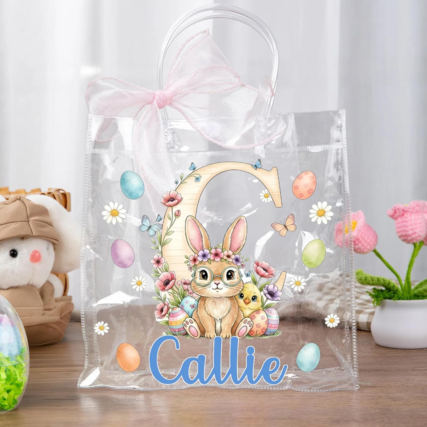 CALLIE Personalized Rabbit Chicks Easter Clear Gift Bag with Name and Initial, Custom Bunny Tote Bags Basket for Eggs, Party Favors Easter Birthday Gift for Kids, 7.87 × 7.87 × 3.15 Inch