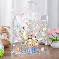 CALLIE Personalized Easter Bunny Chicks Clear Gift Bag - Custom Name Initial Tote for Eggs, Kids Party Favors, Rabbit Basket 7.87x7.87x3.15 Inch