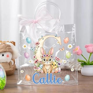 CALLIE Personalized Easter Bunny Chicks Clear Gift Bag - Custom Name Initial Tote for Eggs, Kids Party Favors, Rabbit Basket 7.87x7.87x3.15 Inch