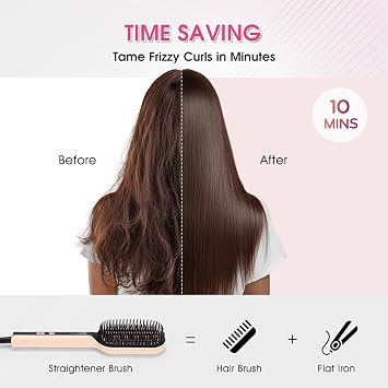 Hair Straightener Brush | Upgraded Ionic Straightener Brush with Ceramic Dense Bristles | 5 Temp Settings (250-450F) for Fine to Coarse Hair | Easy to Use Effortless Tame Frizz, Pink