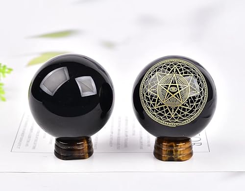Miniatura 3 de AMOYSTONE Bola de obsidiana negra natural grabada luna y estrella esfera de cuarzo de cristal negro con soporte de ojo de tigre