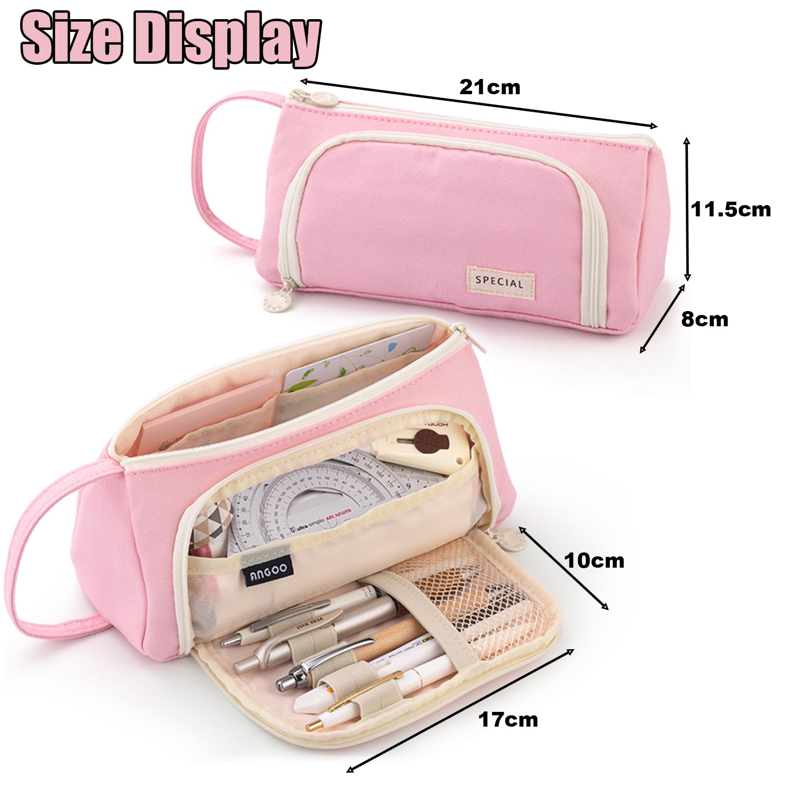 ONCCI Girls Pencil Case - Large Capacity Teenager Case for School & Office (Creme-Pink), 21 cm x 9 cm x 10 cm - Image 2