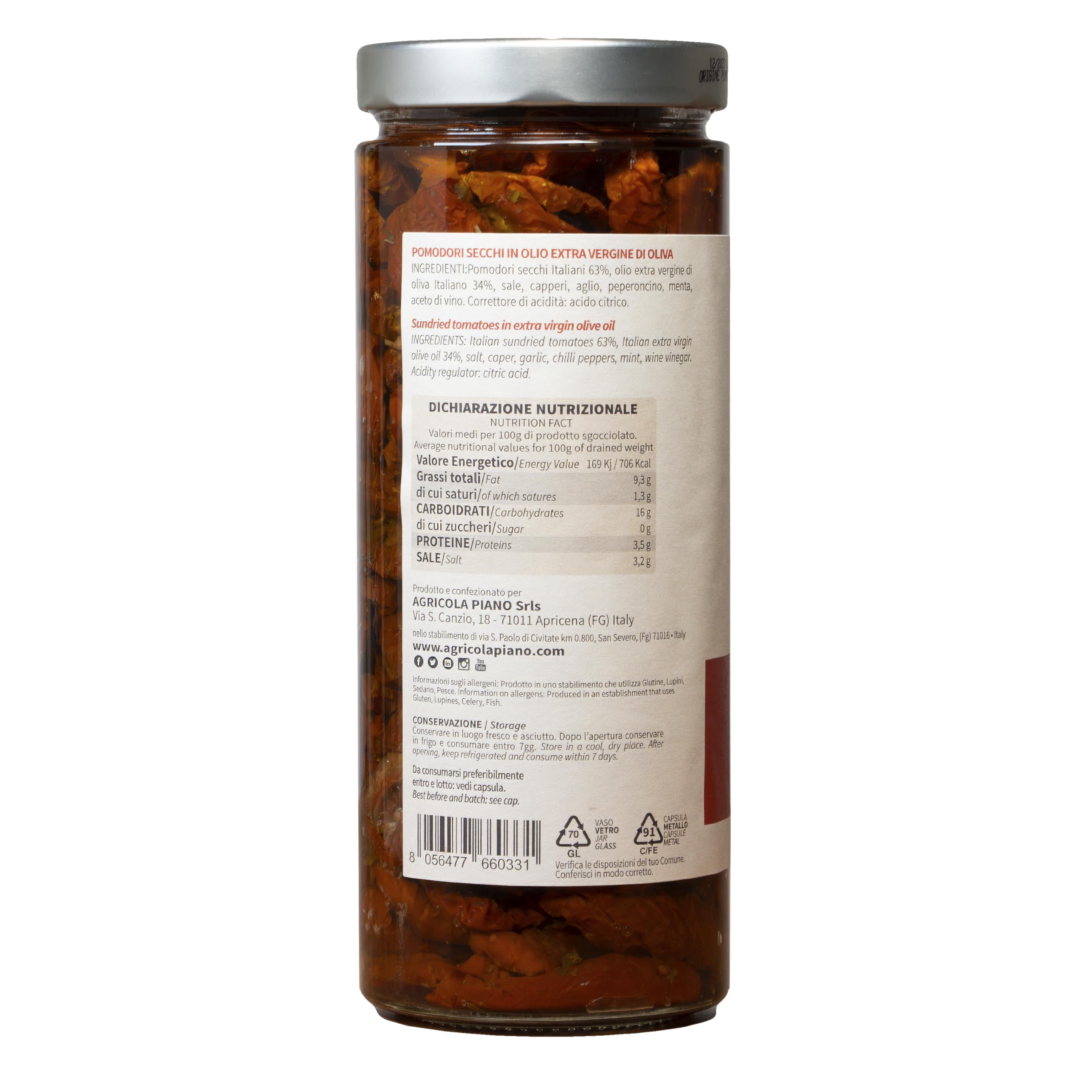 Agricola Piano - Tomates en Aceite | Tomates Secos en Aceite de Oliva Virgen Extra 1062 ml – 100% Italianos, Receta Antigua – Producción Artesanal