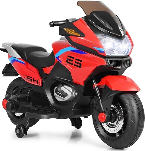 OLAKIDS Motocicleta de 12 V para niños, motor eléctrico con música, pedal de pie, rueda de entrenamiento, luz LED brillante, juguete de triciclo