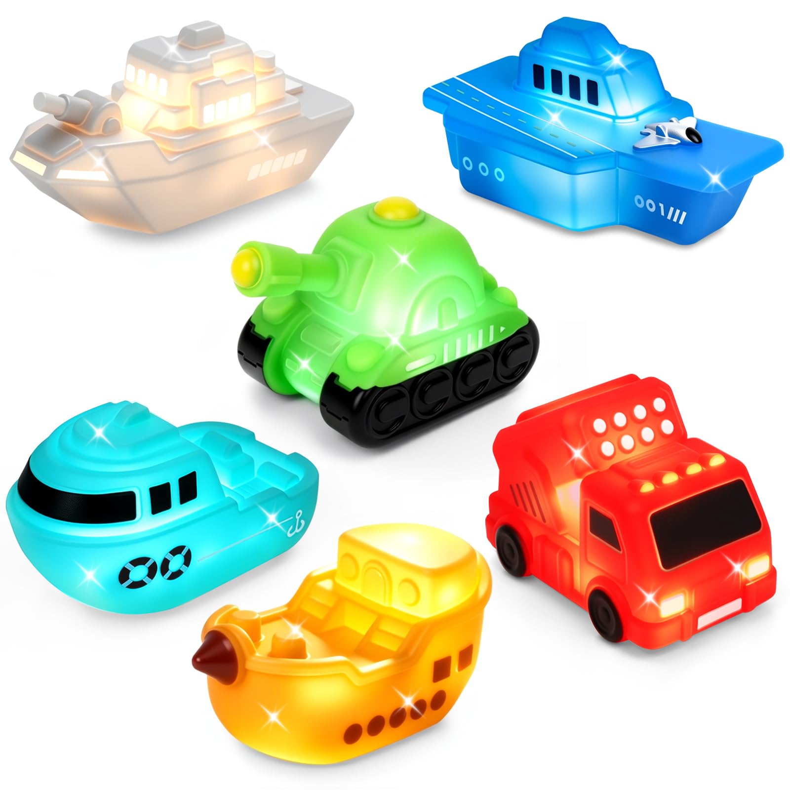 Light Up Bath Toys, 6 Pack No-Hole No-Mould Bath Cars for 1-3Y Boy Gift