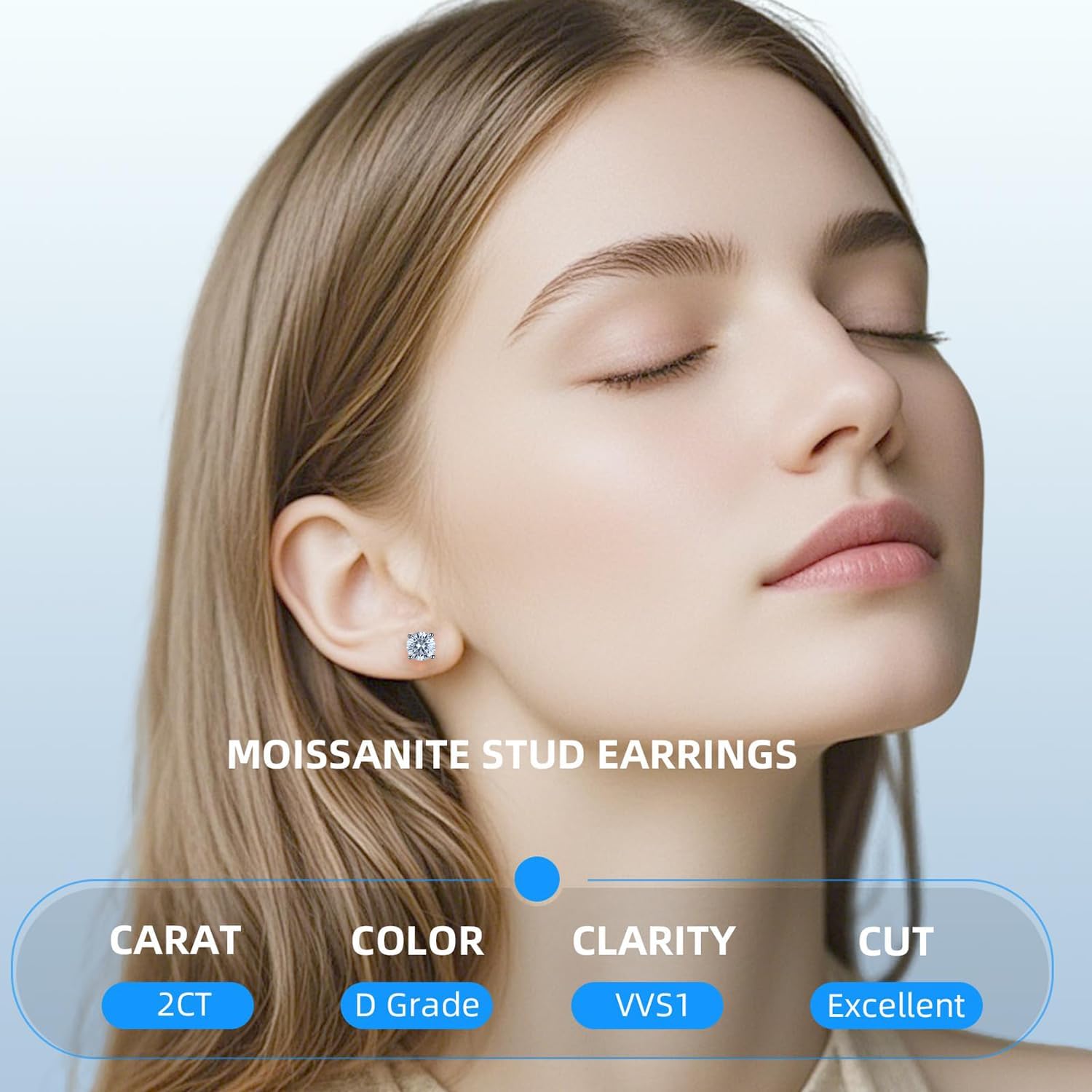 Moissanite Earrings, 18K White Gold Plated,1-2Carat Round Cut Lab Created Moissanite Stud Earrings, 925 Sterling Silver, D Color VVS1, Hypoallergenic Gift for Women Men
