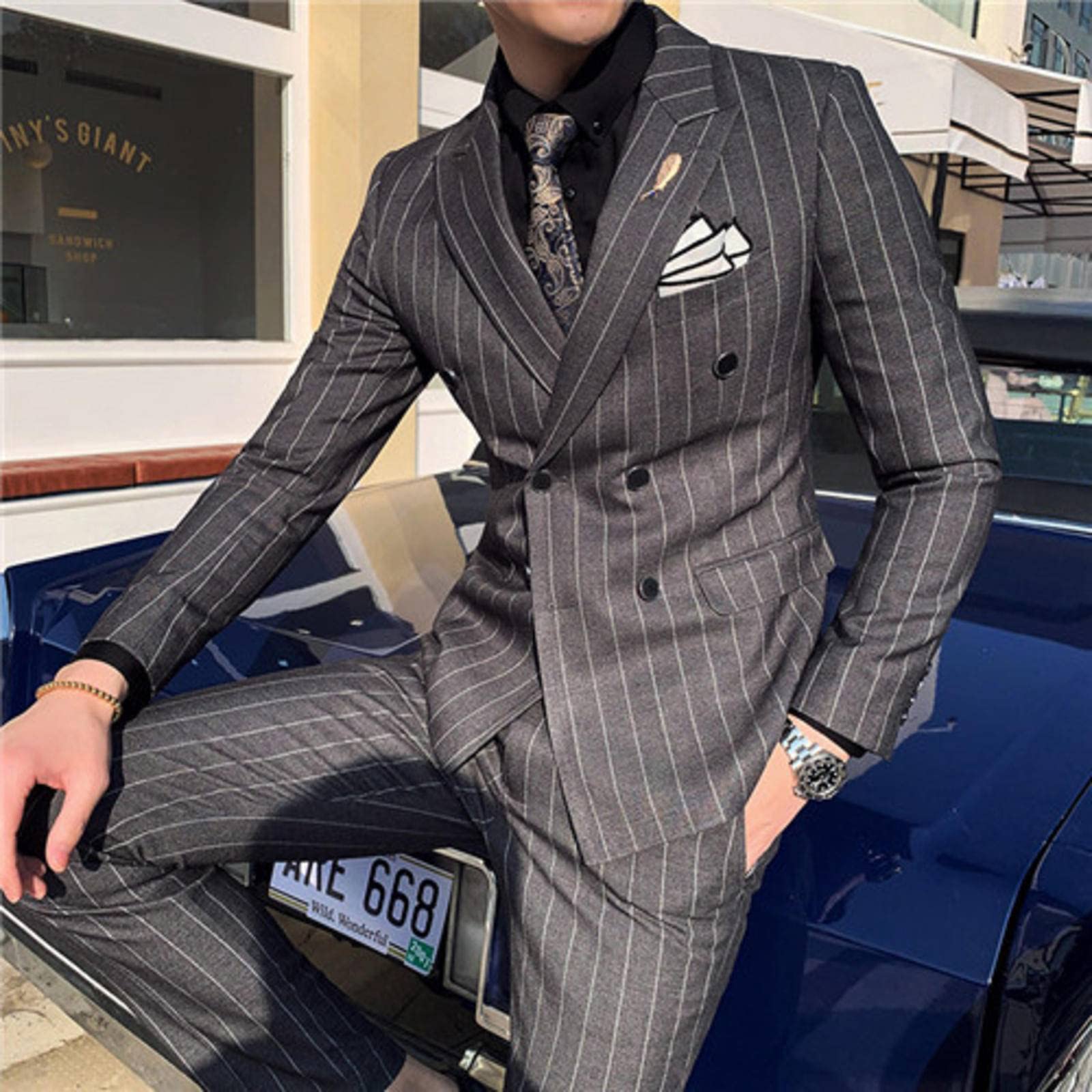 FARZILuxury Men's Striped Wedding Casual Tuxedo Men's British Slim Suit 2pcs Men's Quality Business Social Club Suit Costume Homme