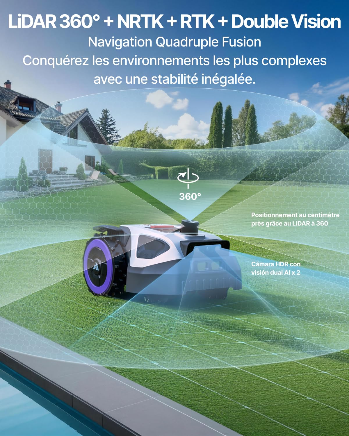 ANTHBOT M9 Pro Tondeuse Robot - 1000㎡，360° LiDAR, NetRTK, 4G, Double Caméra, 5000mAh, 150㎡/h, HDR Vision IA, Cartographie Automatique & Manuelle, Prêt à l'emploi, Gestion Multi-Zones, IPX6, ≤58dB | Double Caméra, 5000mAh, 150㎡/h, HDR Vision IA, IPX6