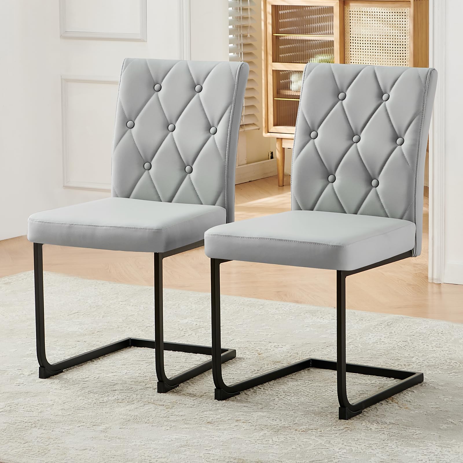 JaHECOME PU Faux Leather Dining Chairs with Black Chrome Legs Set of 2 High Back Upholstered Seat Side Chairs for Kitchen Living Room(2,Grey)