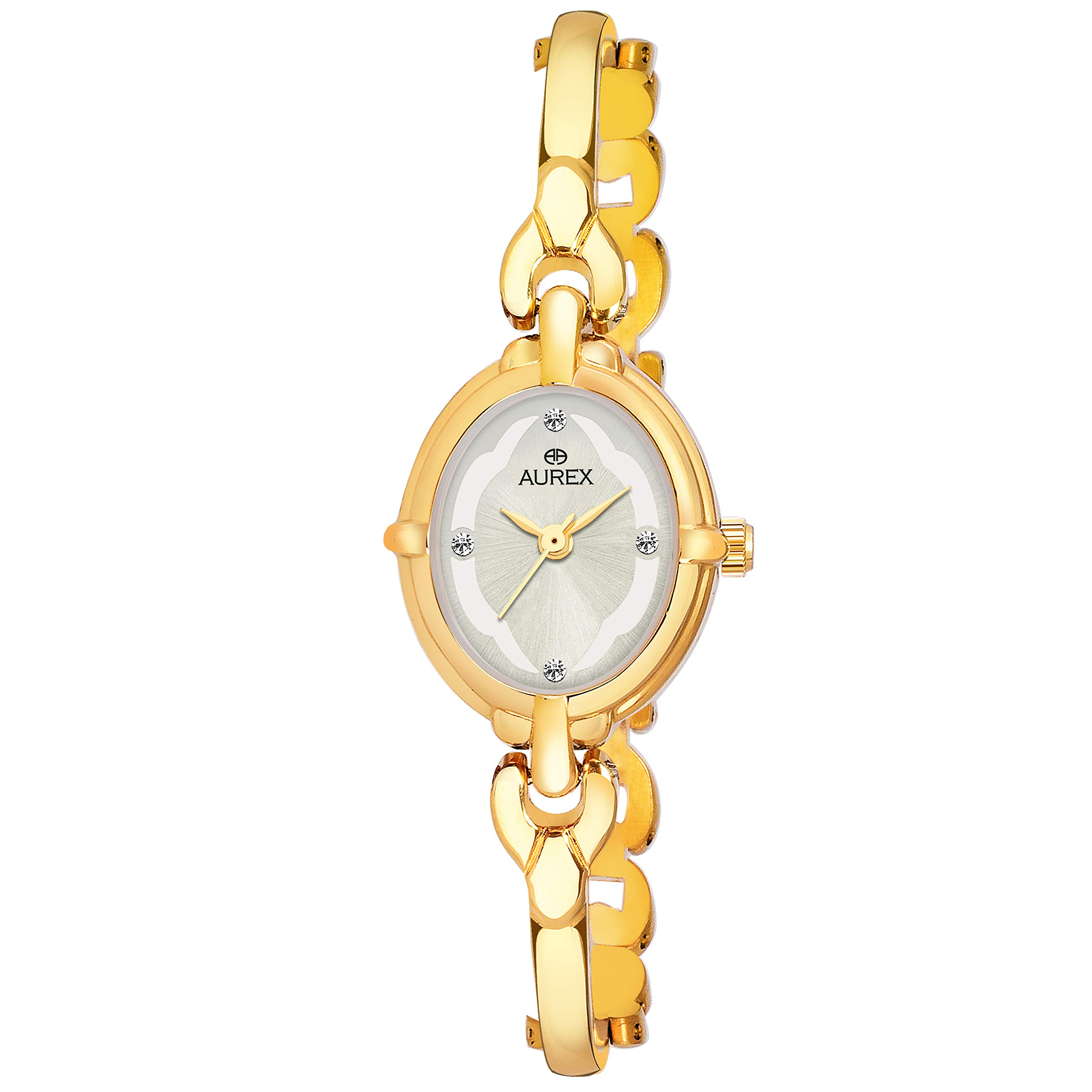 AUREX Analogue 18 K Gold Plated Swarovski Crystal Studded Silver Dial Oval Shaped Bracelet Quartz Wrist Watch for Women/Ladies/Girls (AX-LO7029-SLGL)
