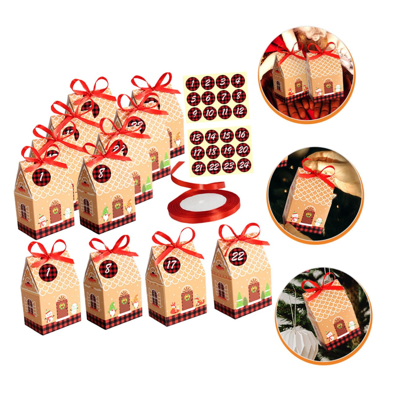 LOLIPPYY 24 Sacchetti Regalo di Natale in Cartone Spesso Nastro Rosso e Adesivi Numerici Contenitori per Caramelle e Bomboniere Natalizie Confezioni Fai da Te per Feste e Regali di