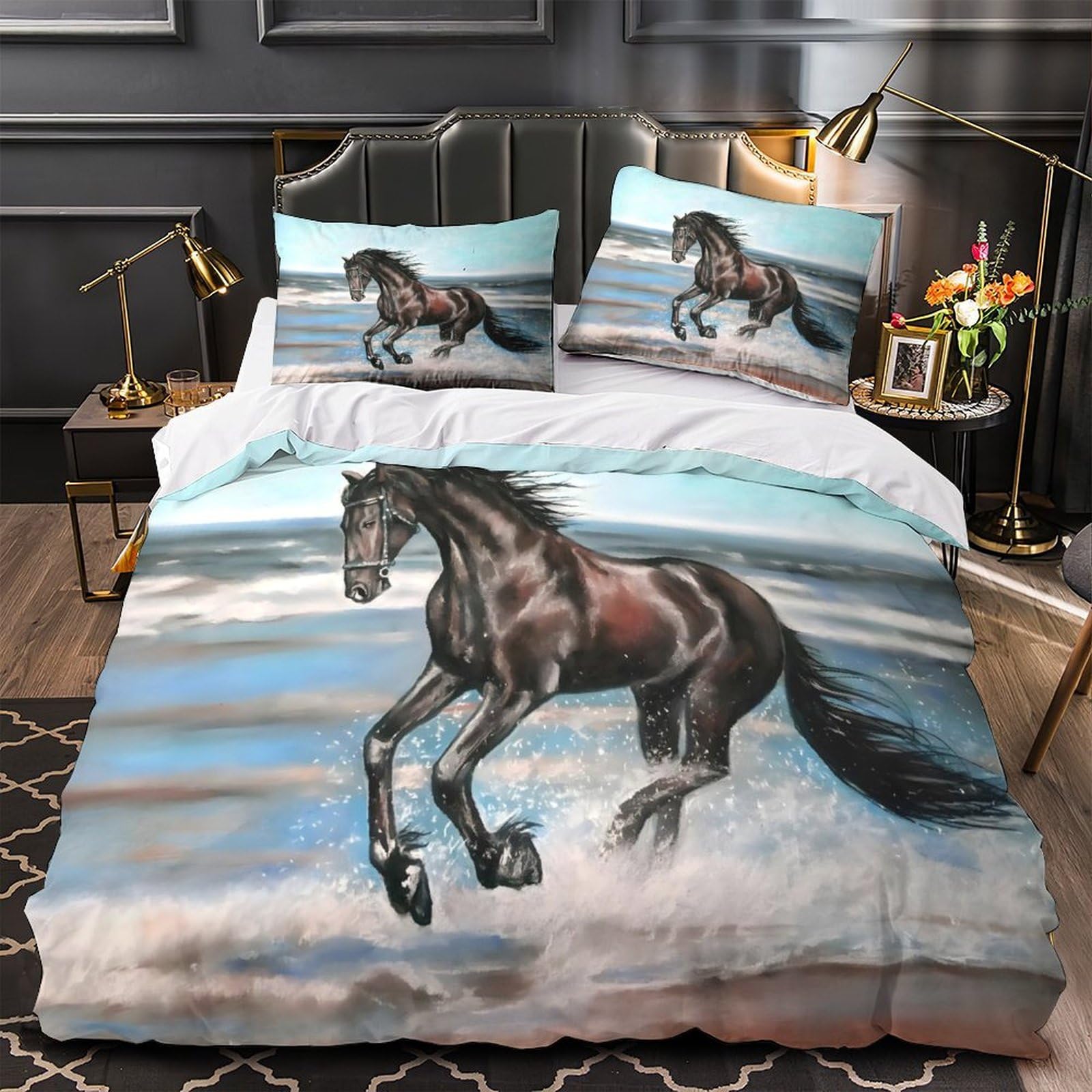 Housse de couette cheval fermeture éclair parure lit microfibre facile laver