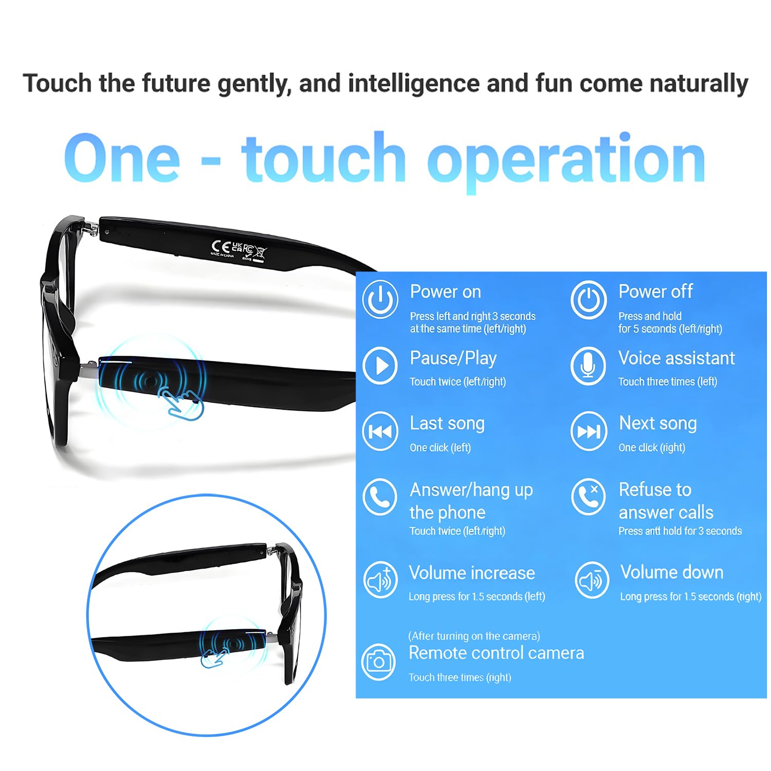 LONGLU Lunettes intelligentes – Traduction IA en temps réel via application, appels Bluetooth 5.4/musique, contrôle tactile léger, lumière bleue et protection UV (monture noire – lentille grise)