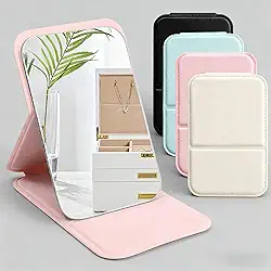 Espelho de maquiagem de mesa couro PU simples portátil espelho de maquiagem dobrável estudante compacto bonito espelho de bolso (bege)