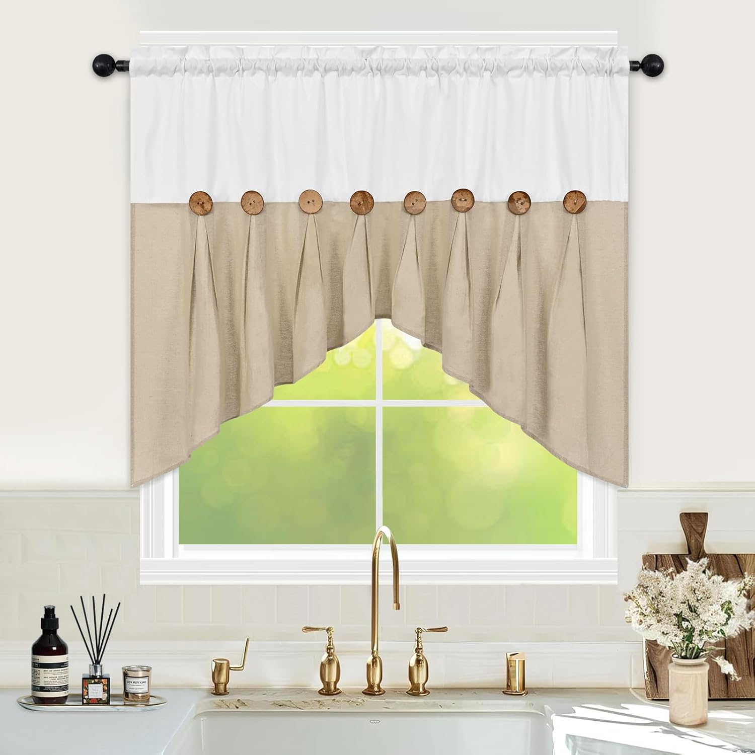 FRAMICS Farmhouse Swag Curtain, Boho Cotton Linen Valance Curtain, Rustic Button Window Valance for Kitchen, Country Rod Pocket Valances for Windows Bathroom Bedroom, White and Linen, 52 x 36 Inch White and Linen 52"W x 36"L (Pack of 1)