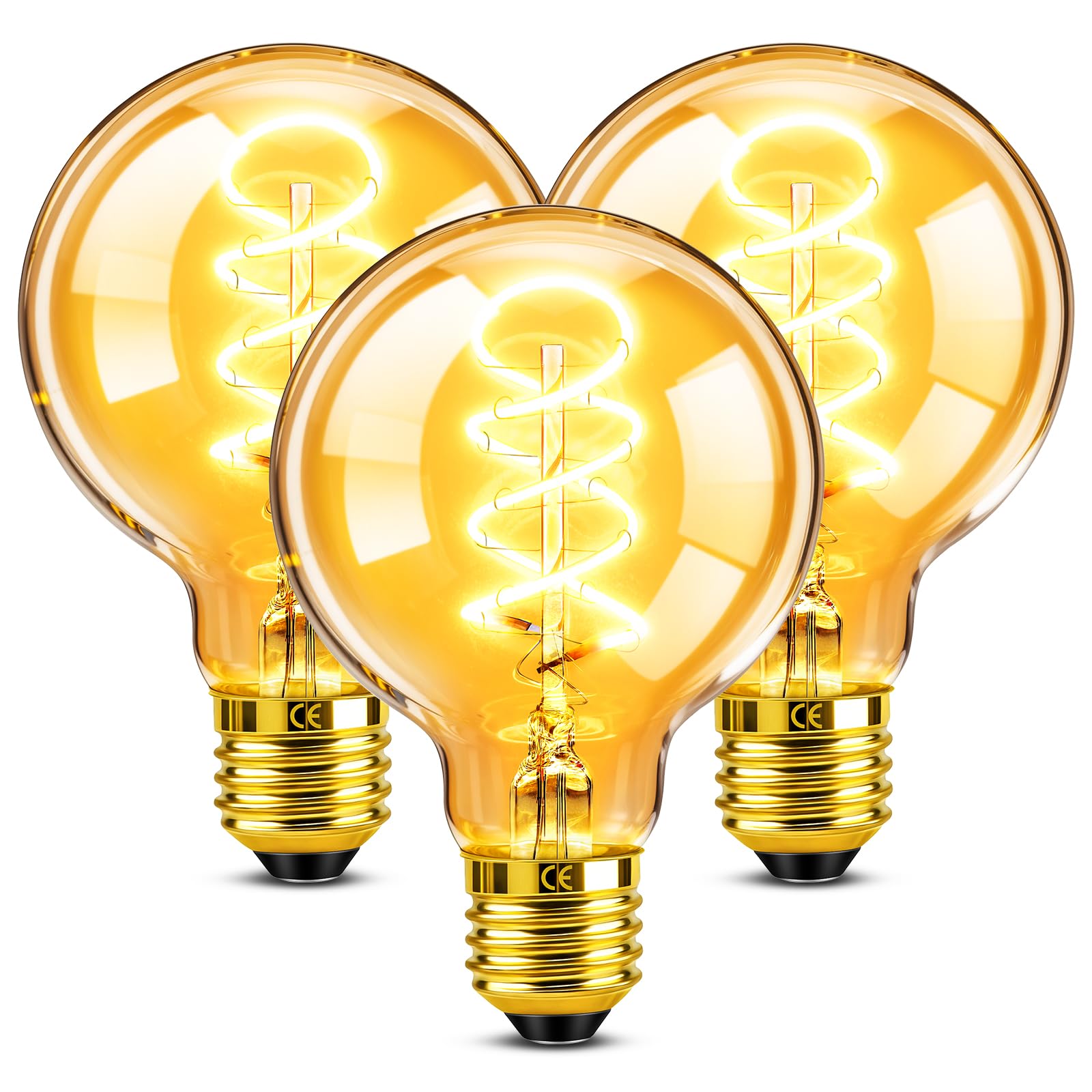 Edison Vintage Glühbirne E27 Dimmbar 4W LED Filament Lampe Ersetzt 40W Glühlampe, 2200K Warmweiß Bernstein Glas, Globe G80 E27 Retro Dekorative für Nostalgie Industrial Café Bar Beleuchtung, 3 Stück
