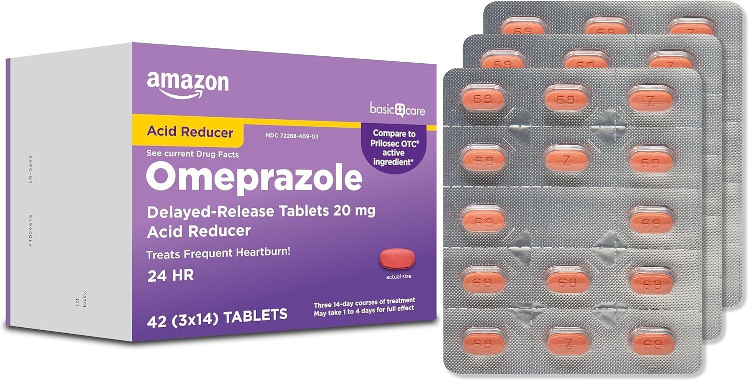 Amazon Basic Care Omeprazole Delayed Release Tablets 20 mg, Acid Reducer, treats frequent heartburn,, Cream, Regular, 42 Count (Pack of 1), 42 Count,
