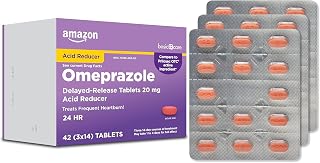Amazon Basic Care Omeprazole Delayed Release Tablets 20 mg, Acid Reducer, treats frequent heartburn,, Cream, Regular, 42 Count (Pack of 1), 42 Count,
