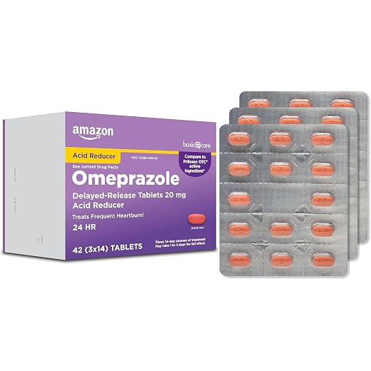 Amazon Basic Care Omeprazole Delayed Release Tablets 20 mg, Treats Frequent Heartburn, Acid Reducer, Heartburn Medicine, 42 Count (Pack of 1) (Packaging may vary)
