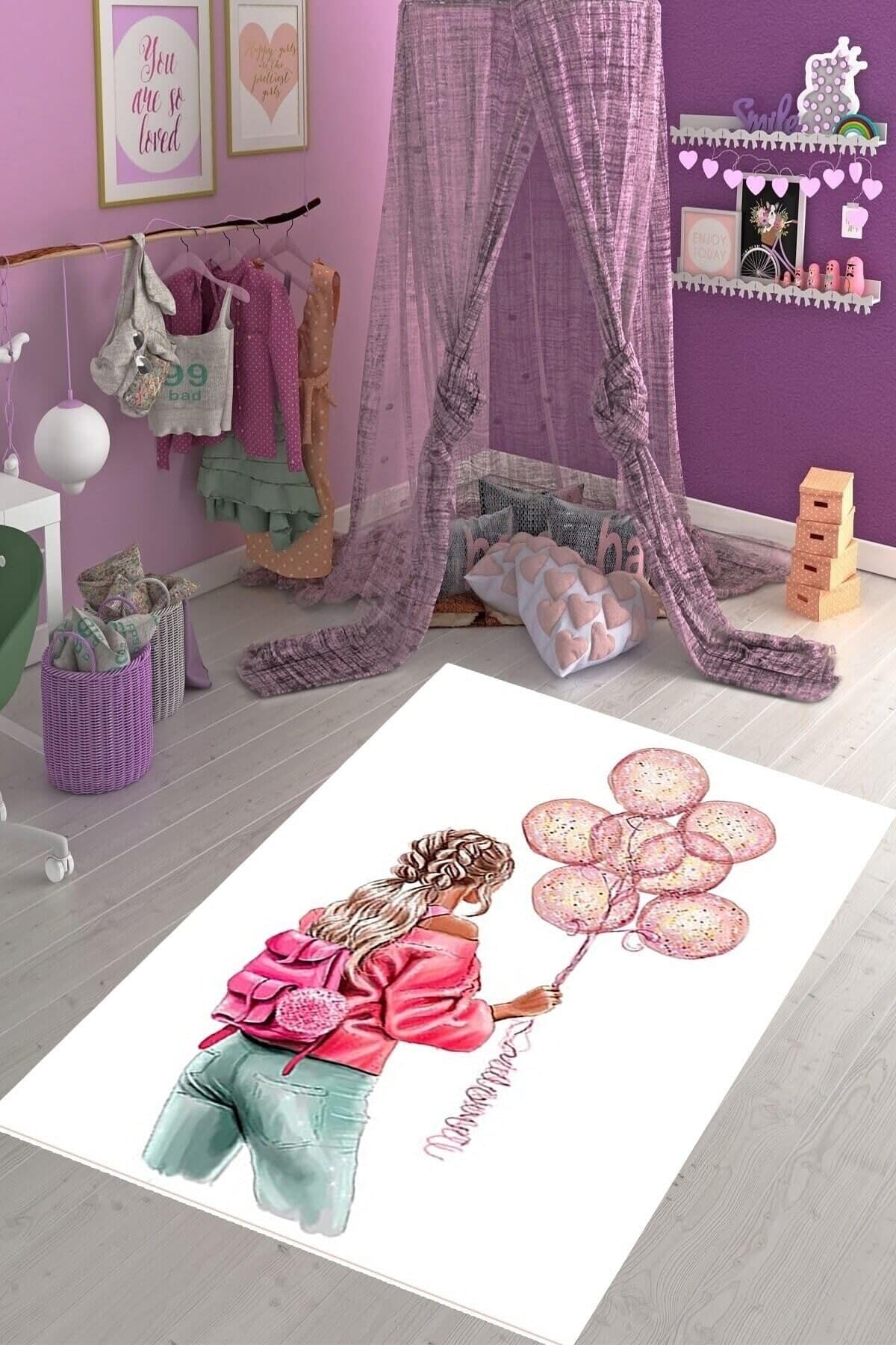 Pelangi Genç Kız Balon Desenli Çiçekli Halı Dijital Baskı Yıkanabilir Kaymaz Taban Kız Çocuk Odası Halısı, Renkli 80 x 200