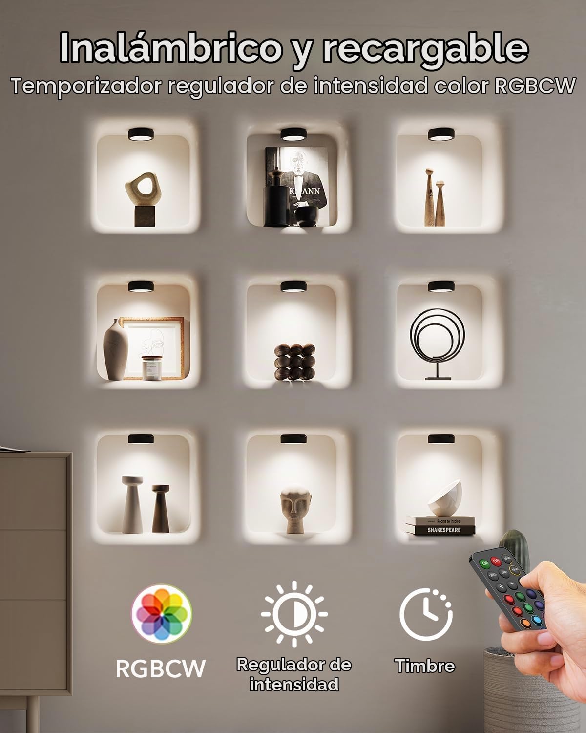 Luz Vitrina Batería Recargable 2400mAh, Luces Armario RGB con Mando | USB, Regulable, Inalambrico, Pulsador, Tactil, Magnético Iman Colores Foco LED Sin Cable para Cocina Bajo Mueble, Escalera