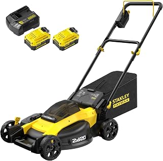 FATMAX V20 | 2x18V 51cm Brushless Mower Kit 4.0Ah - 28cm deck height, 3-IN-1: mulching, bagging or side discharge, 40L heavy-duty fabric grass collection basket, 2x4.0Ah Batteries, 2A Charger