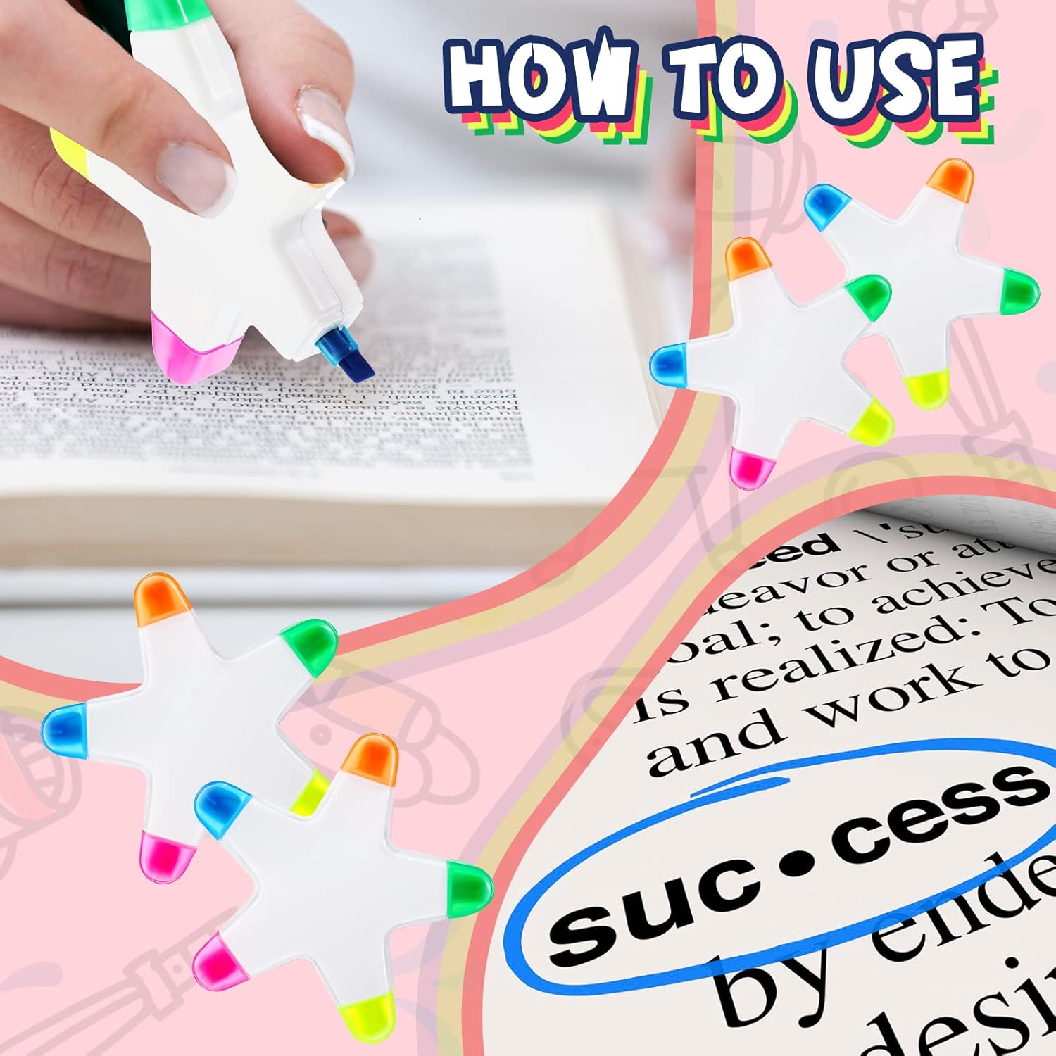 Geyee 50 Pcs Star Highlighters Bulk Highlighters Assorted Colors Creative Star Shape Watercolor Cute Pens 5-in-1 Color Fluorescent Pens for School Office Stationery Aesthetic School Supplies