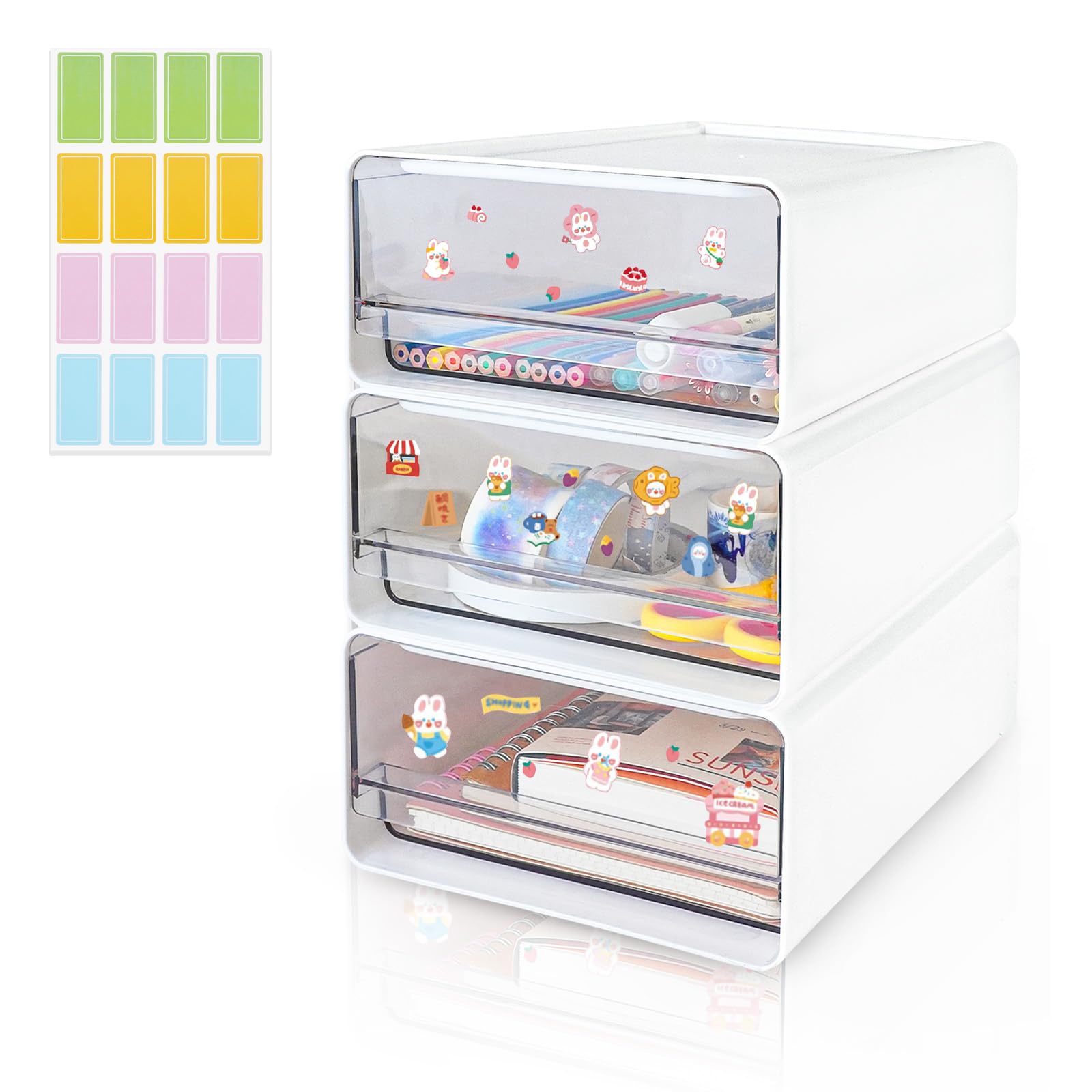 3PCS Stackable Desk Organiser with 3 Drawers, Plastic Storage Drawer Units