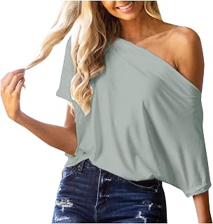 Top Women's Blouse Women's T-Shirt Blouses & Tunics for Women Pullover with V Neck Women's Fashion Women's Sexy Solid Off Shoulder Loose T-Shirt Short Sleeve Blouse Tops Crop Top Children, Green, XL