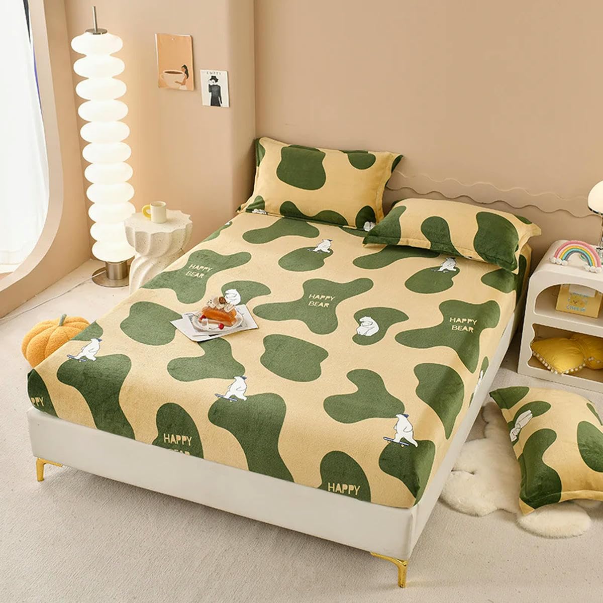 Juego de sábanas ajustables geométricas verdes súper cálidas de 3 piezas para el invierno, sábana de terciopelo con diseño de oso de dibujos animados para niños y niñas, funda de cama de 90 x 200 cm x