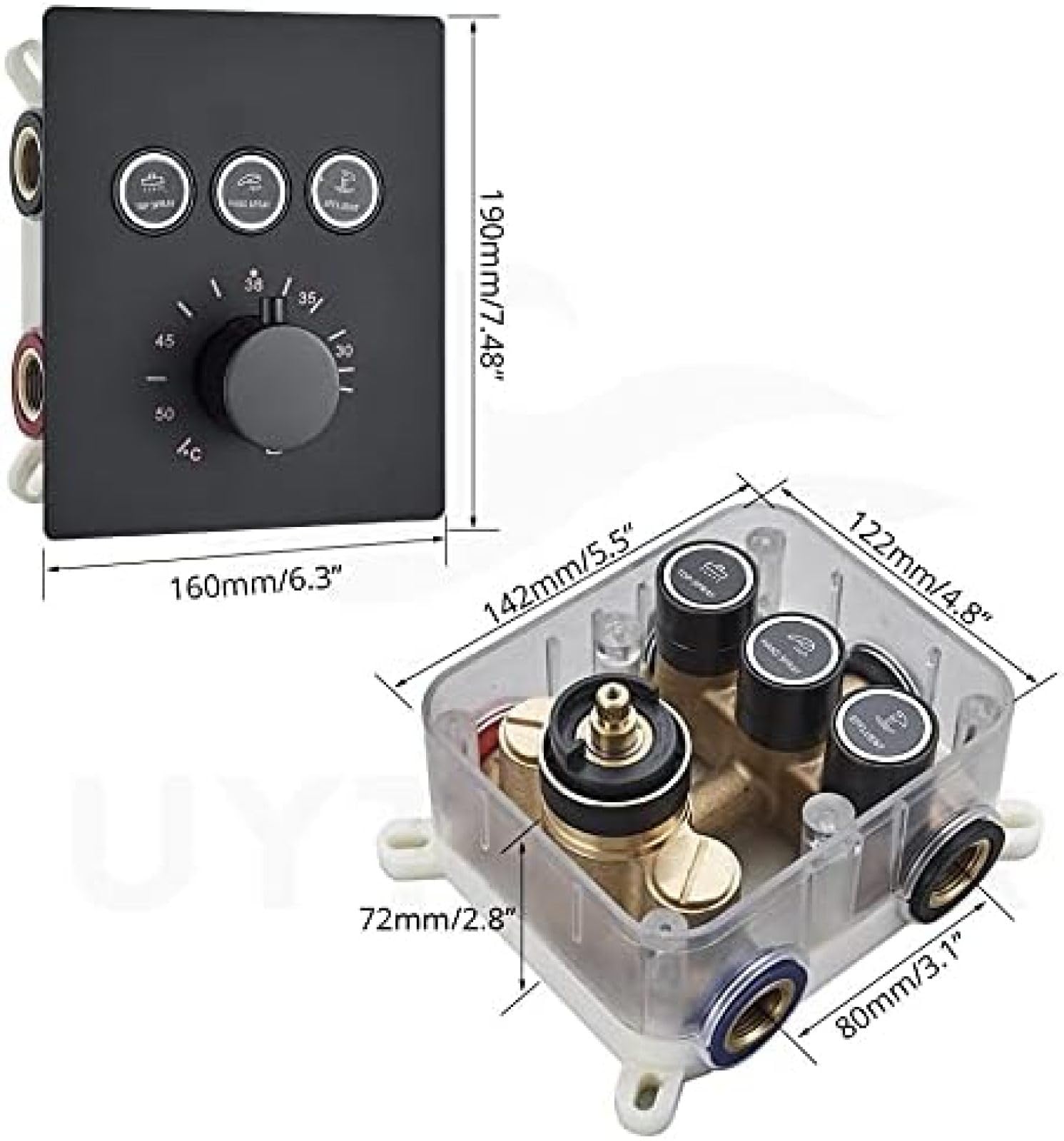 Schwarzes Thermostat-Duscharmatur-Set mit Regenduschkopf, Wand-Badewannenarmatur, 3-Wege-Armatur für 40 cm und 2-Wege-Armatur für 30 cm Deckenmontage, Luxus-Badezimmersystem
