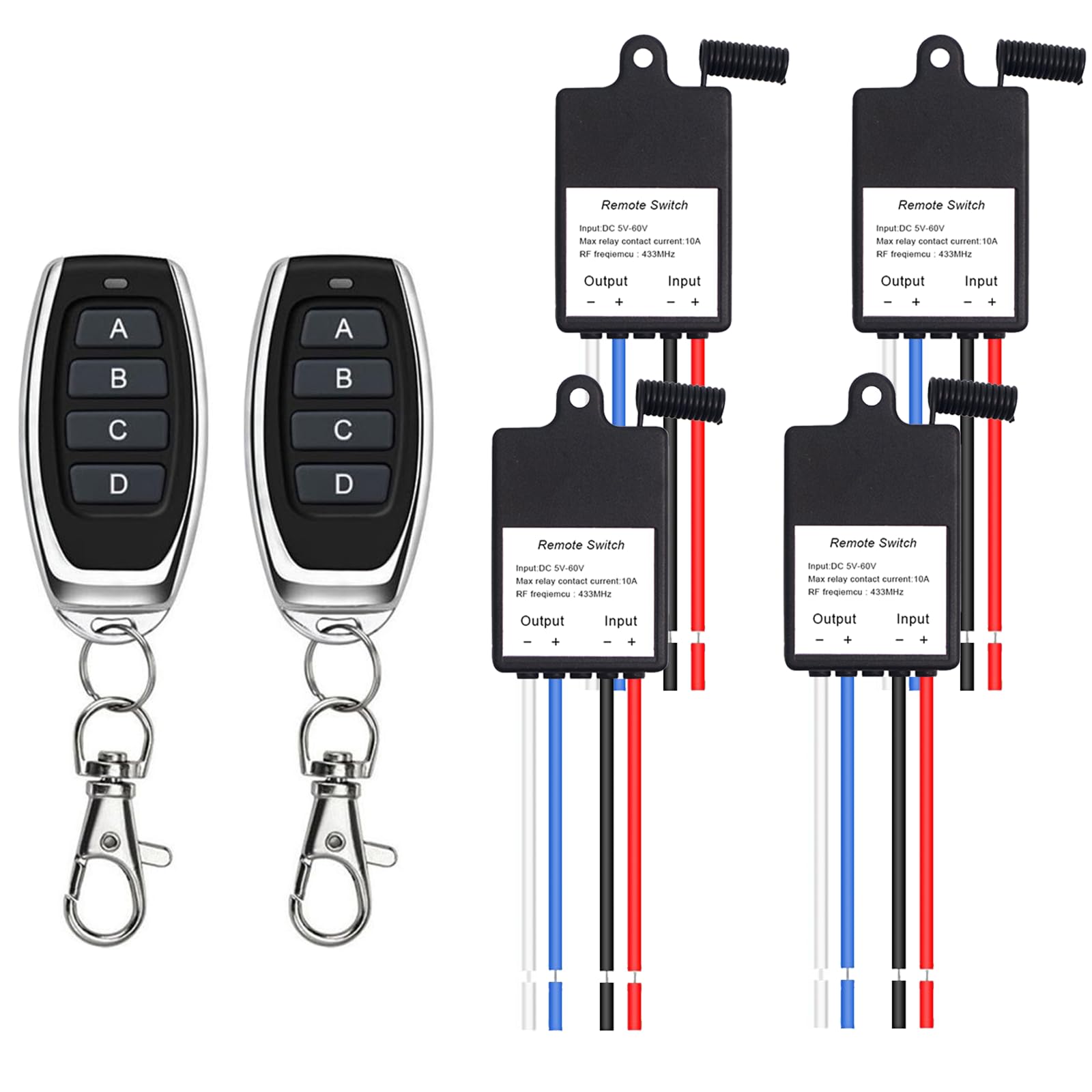 QIACHIP Interrupteur sans fil 433 MHz 1CH 5 V 6 V 12 V 24 V avec télécommande, 5-60 V CC 10 A Mini relais sans fil 328 FT pour ventilateur, moteur, éclairage (4 relais)