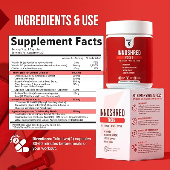 Inno Shred Focus Day Time Fat Burner, 100mg Capsimax, Grains of Paradise, Organic Caffeine, Green Tea Extract, Appetite Suppressant, Weight Loss Support, 60 Veggie Capsules (60 Capsules, with Focus)