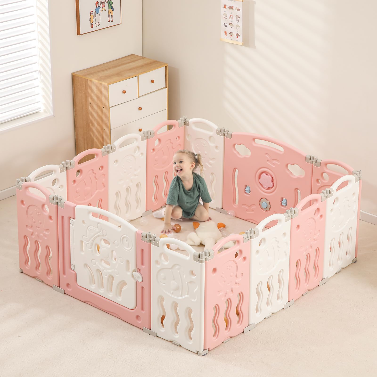IFLETH Foldable Play Area for Babies & Toddlers, 14 Panel Large Baby Play Yard - Portable, Adjustable