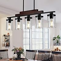 TWIG 5-Light Farmhouse Kitchen Island Chandelier - Matte Black Rustic Wood Linear Pendant Light with Clear Glass Shades for Dining Room