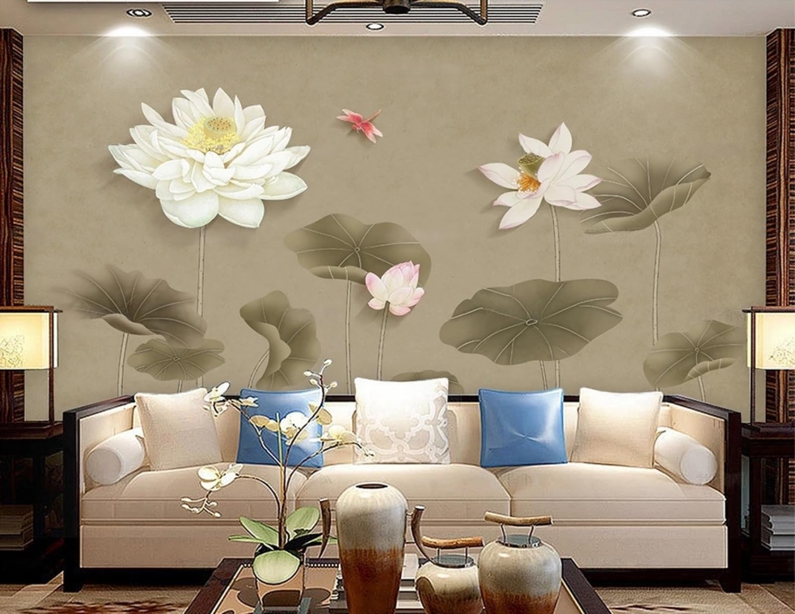 Carta da Parati Panoramica Intissato Arte Zen,Loto,Natura Wallpaper per Camera da Letto, Soggiorno 300x240cm
