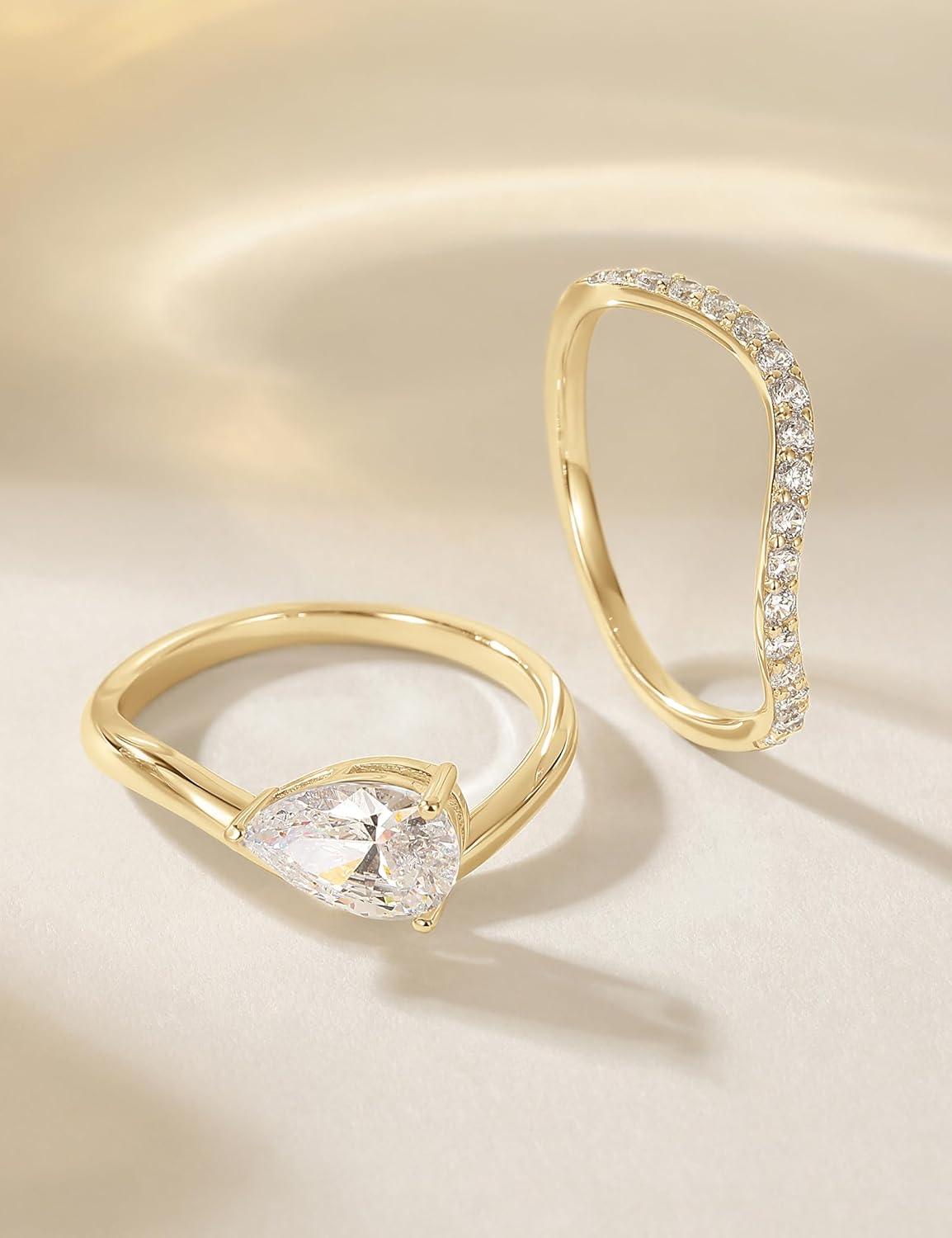 EAMTI 1.5CT Bridal Ring Sets Pear Cut CZ Promise Engagement Rings Curved Wedding Bands for Women Travel Ring Size 4-10