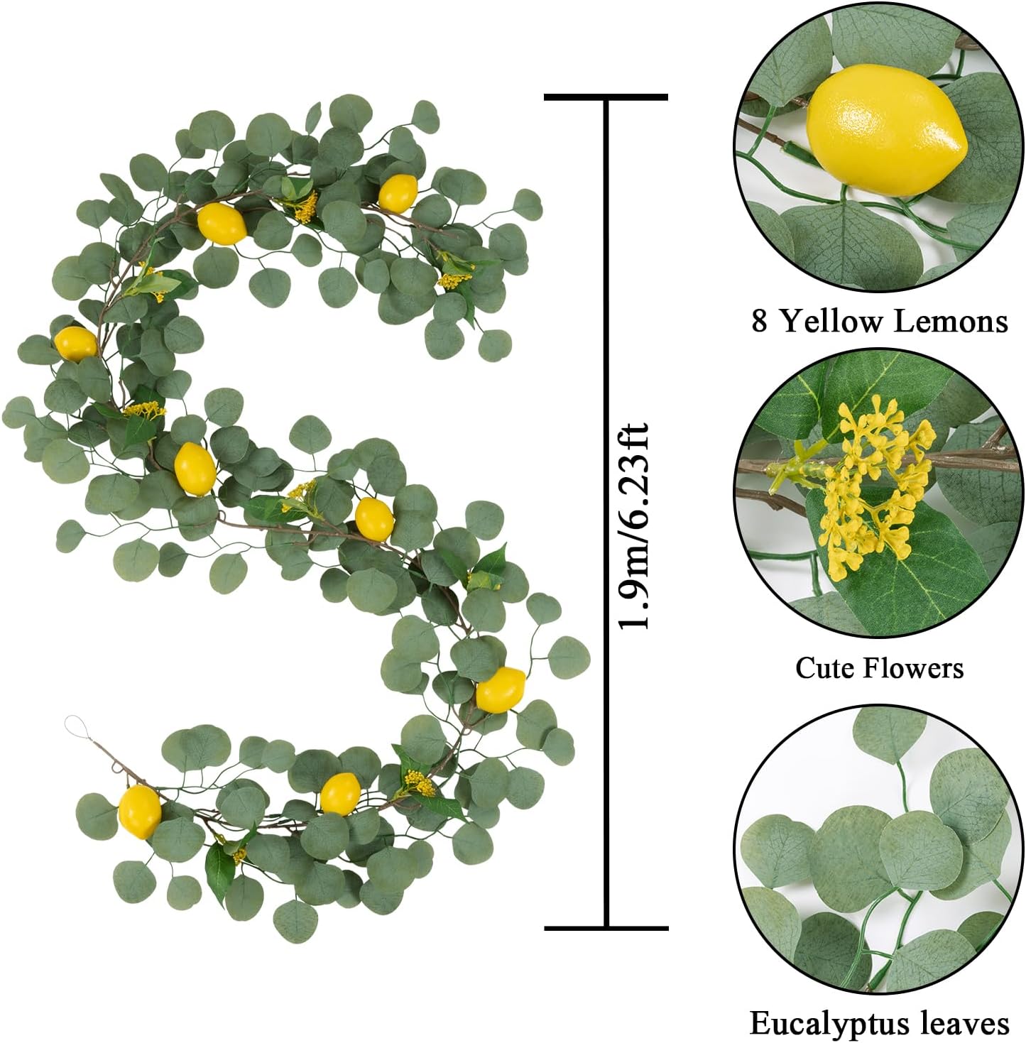 U'Artlines 2Pcs Total 12.6 Ft Artificial Lemon Garland Spring Summer Faux Fruit Vine Garlands with Greenery Eucalyptus Leaves for Door Wall Mantle Wedding Party Table Decorations