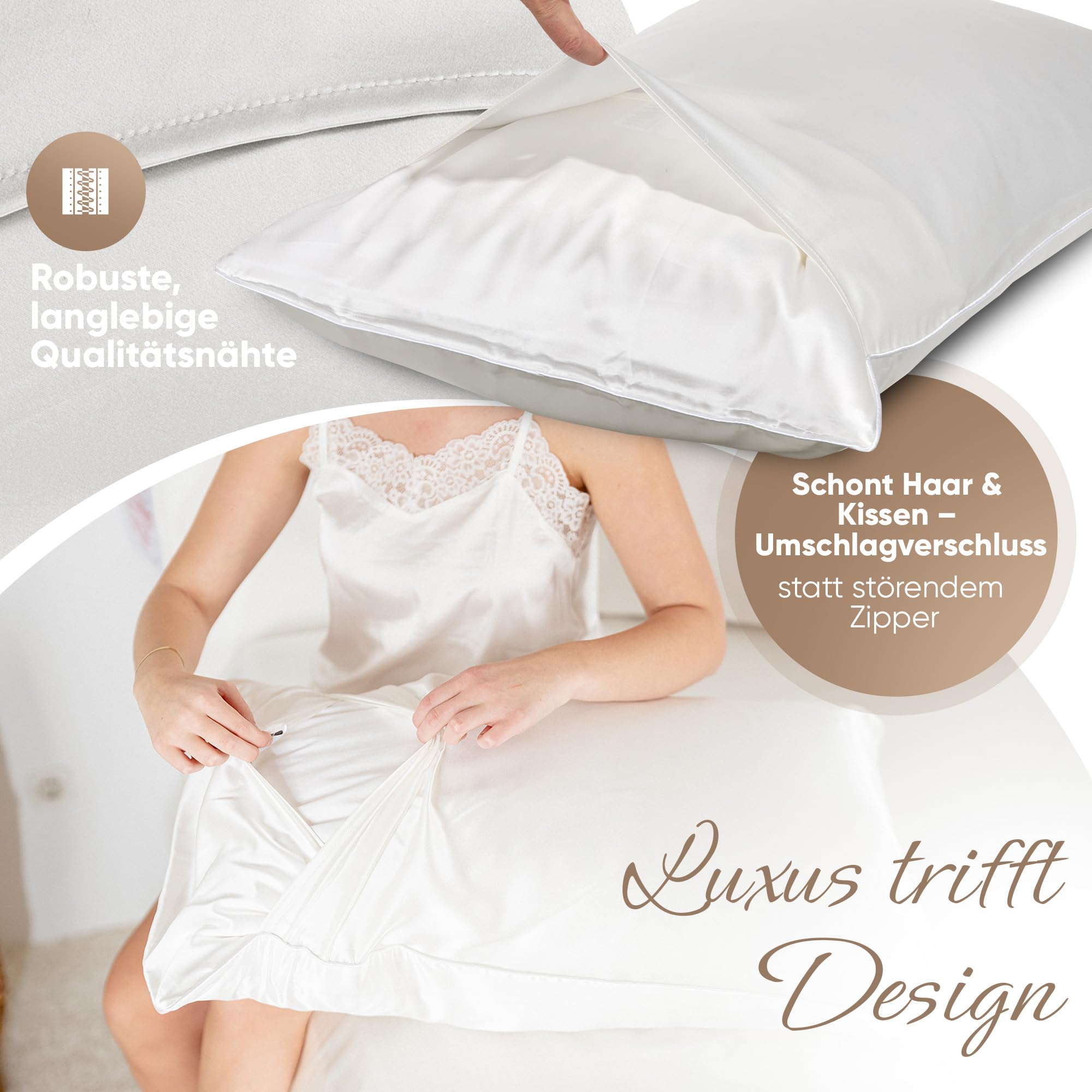 Seidenkissenbezug 40x80 100% Seide für Haut und Haar | Höchste Klasse 6A, 22 Momme | Von Dermatologen Zertifiziert | Seidenkissen | Silk Pillowcase 40x80 (Elfenbeinweiß – gleichfarbiger Rand)