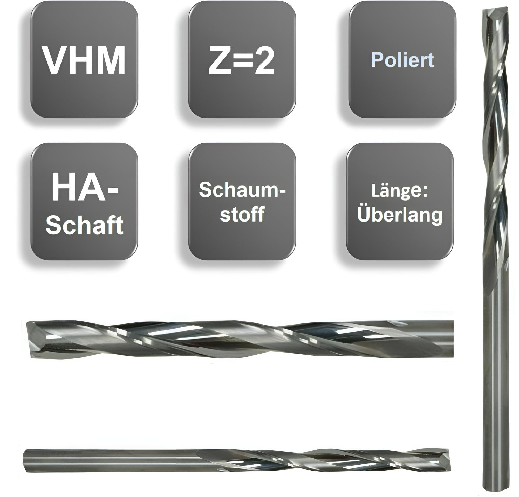 VHM - Fresa extra lunga, Z=2, lucidata, Ø 4 x 45 / 5 x 55 / 6 x 55 mm per schiuma (4,0 x 45 x 80 - d2 = 4 mm)