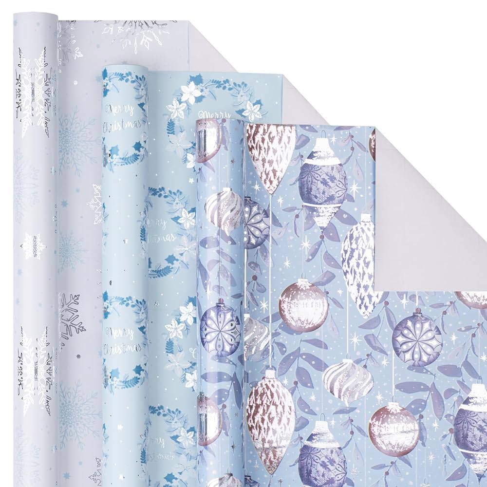 LeZakaa Blue Christmas Wrapping Paper Mini Roll, Silver Blue Winter Ornaments, Floral Wreath, Snowflake Holiday Gift Wrap, Arts Craft, for Xmas Winter Party Men Women, 17 x 120 inches, 3 Rolls