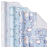 LeZakaa Blue Christmas Wrapping Paper Mini Roll, Silver Blue Winter Ornaments, Floral Wreath, Snowflake Holiday Gift Wrap, Arts Craft, for Xmas Winter Party Men Women, 17 x 120 inches, 3 Rolls
