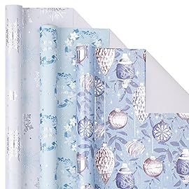 LeZakaa Blue Christmas Wrapping Paper Mini Roll, Silver Blue Winter Ornaments, Floral Wreath, Snowflake Holiday Gift Wrap, Arts Craft, for Xmas Winter Party Men Women, 17 x 120 inches, 3 Rolls