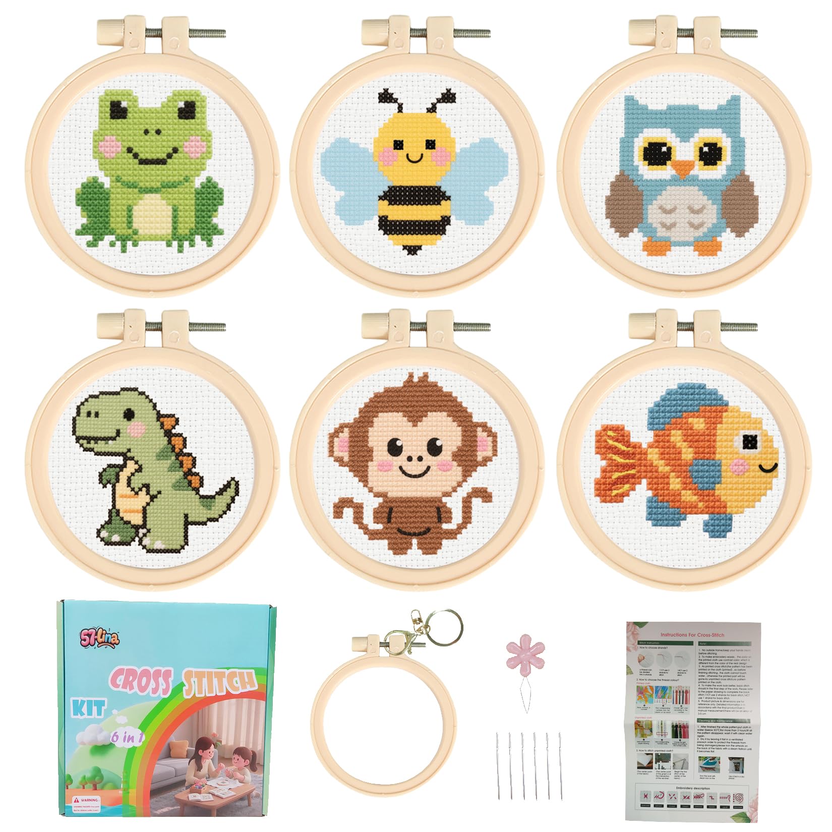 57Lilina Girls Frog+Bee+Owl+Dinosaur+Monkey+Fish Cross Stitch Kits For Kids, 6 Set Easy Embroidery For Beginners