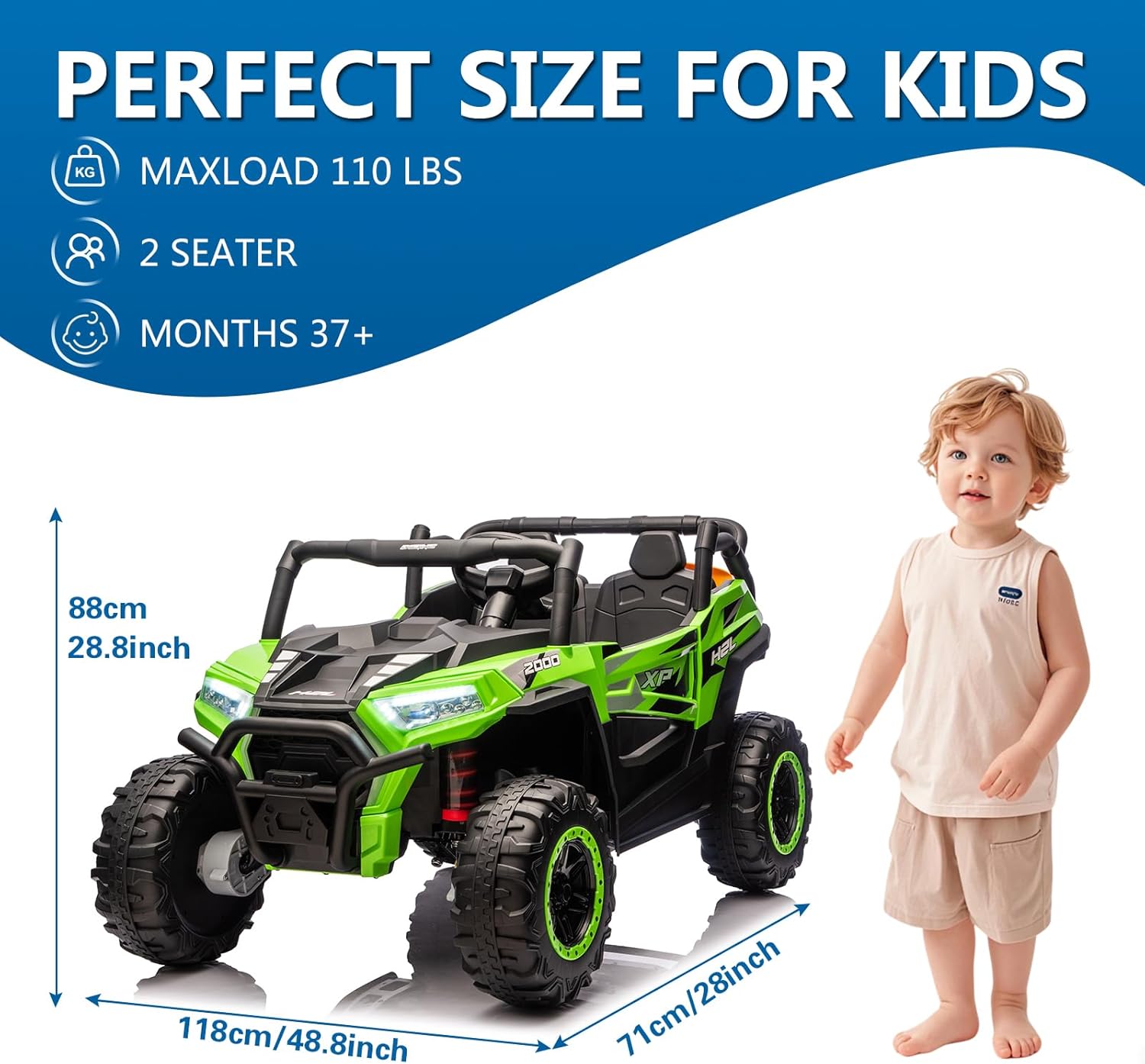 POSTACK 24V 2 Seater Ride on Car with Remote Control, 4WD Kids Battery Powered Ride on Toys, 4 Wheeler Electric Car for Kids to Drive w/Bluetooth, LED Lights,2-5MPH, Green