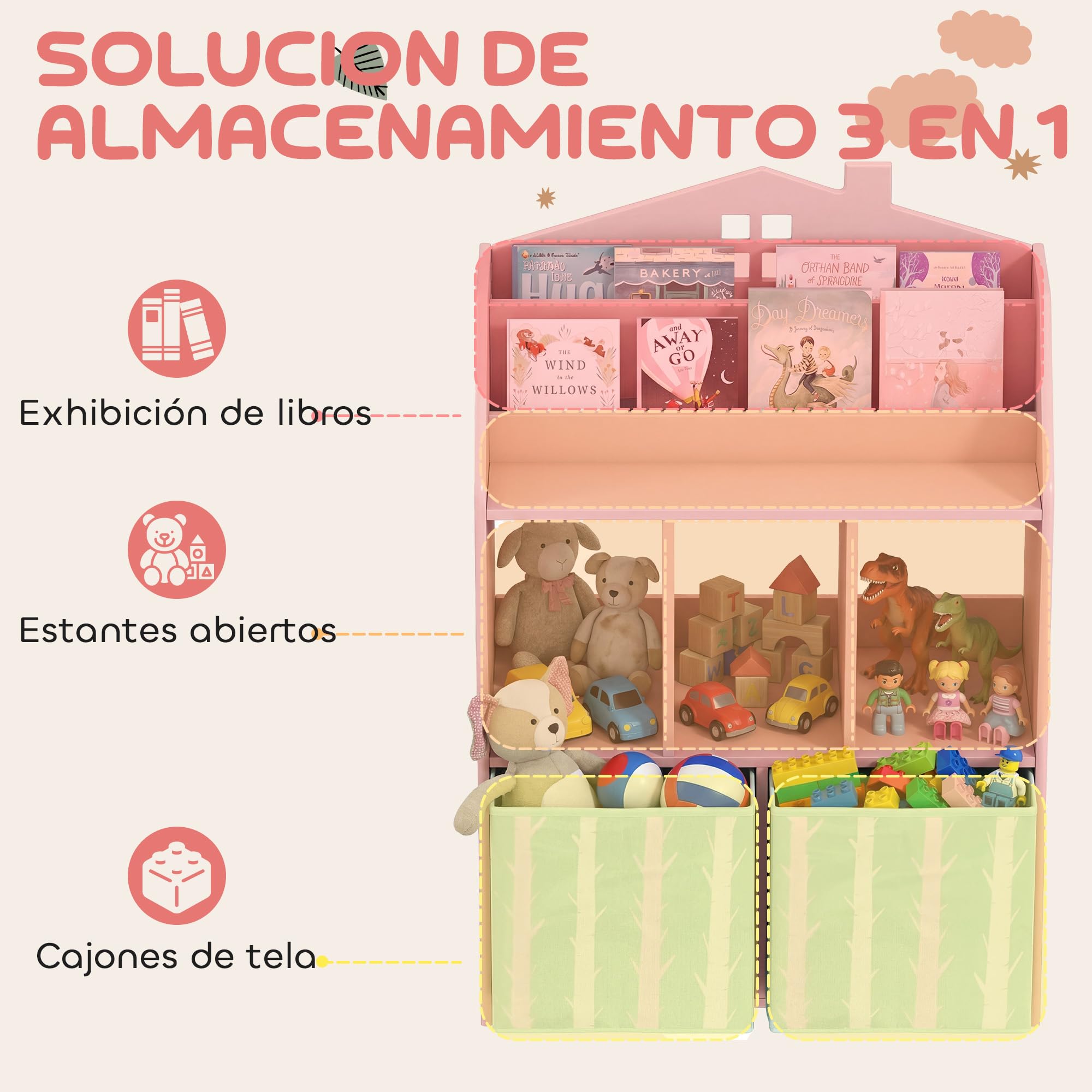 AIYAPLAY Estantería Infantil para Juguetes con Cajones de Tela, Estantes Abiertos, Diseño de Zorros, Organizador de Juguetes para Dormitorio, Sala de Juegos, Guardería, Rosa